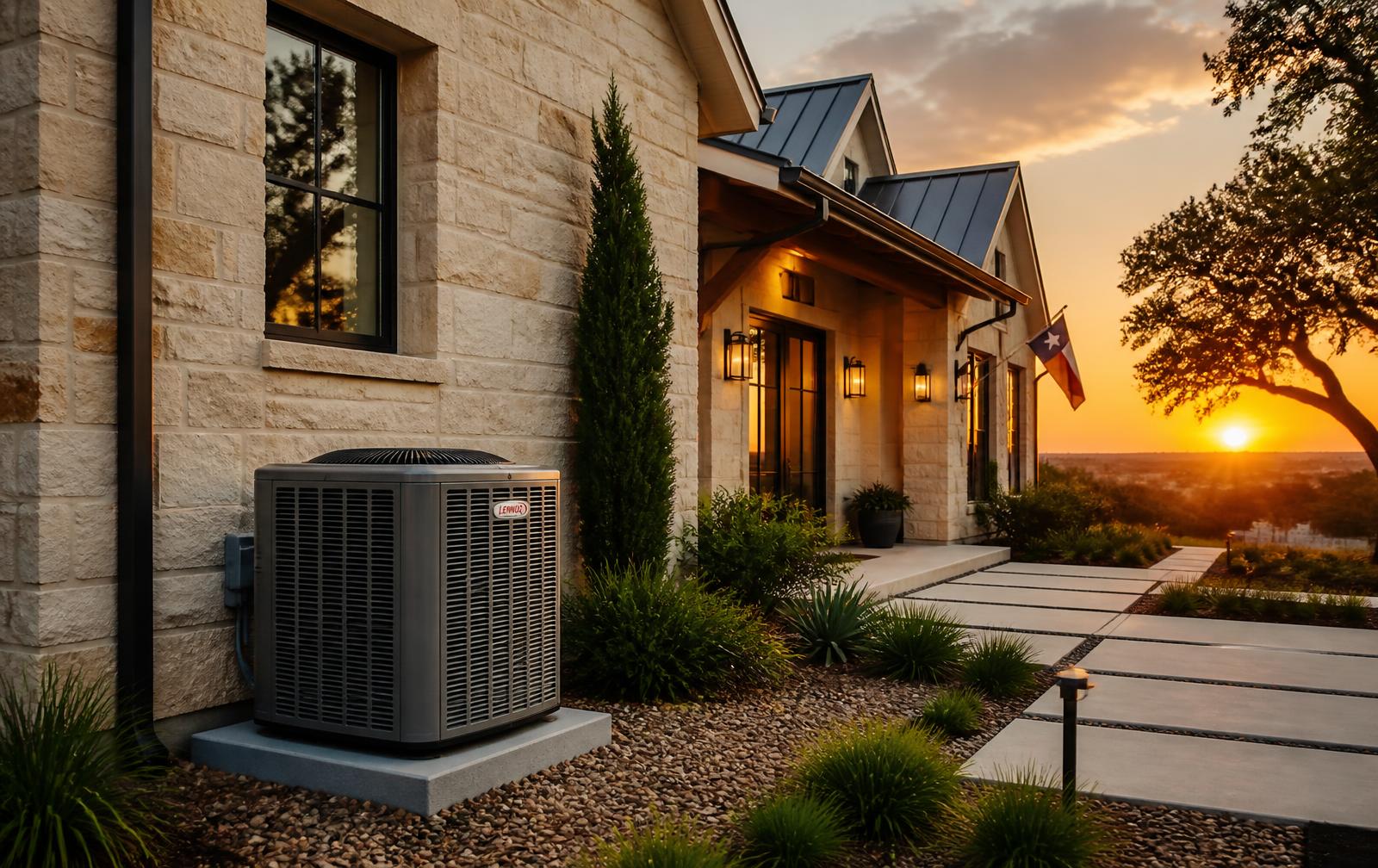 High-efficiency HVAC condenser unit installed at a Central Texas home in Leander